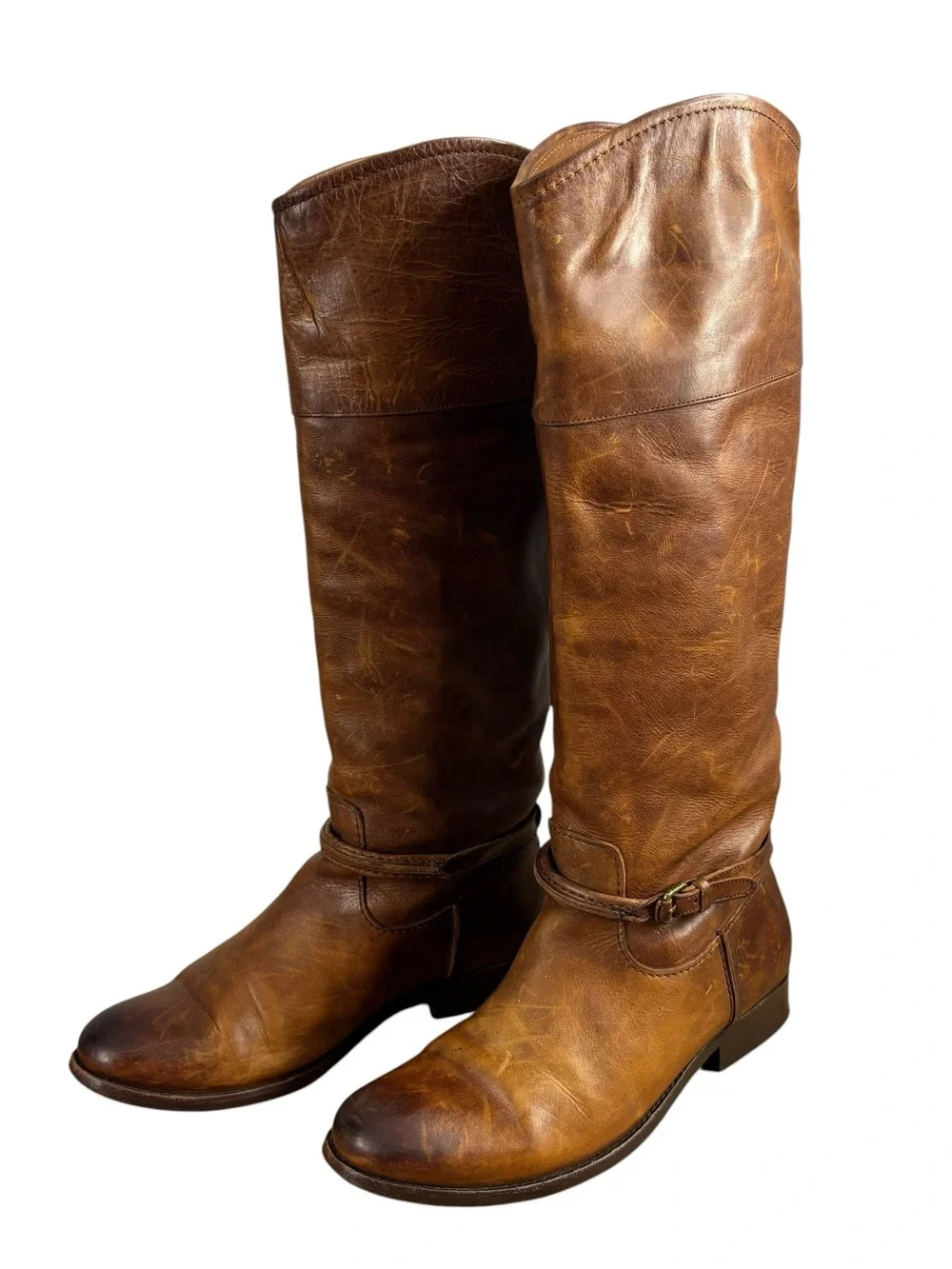 Frye Knee High Pull On Boots Brown Distressed Leather Woman’s Size 7 B